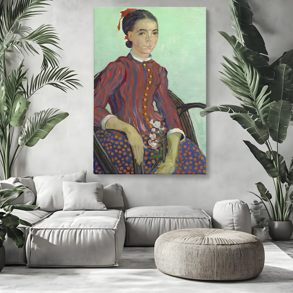 Tablou canvas cu reproducere pictura portret feminin, fara rama, pe sasiu de lemn, pe perete intr-un living